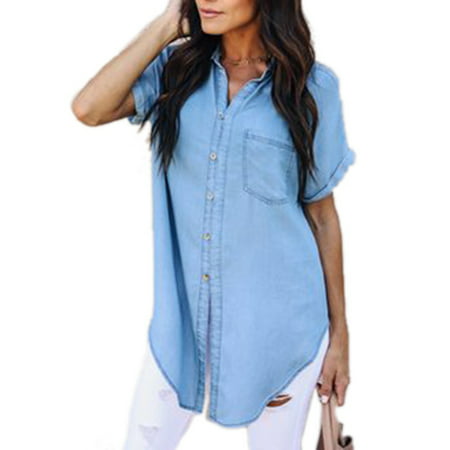 Casual Womens Short Sleeve Casual Denim Shirt Blouse Summer Loose Button Down Jeans