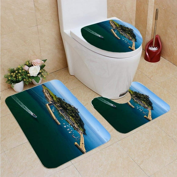 EREHome Cornwall St Michaels Mount Summer Sunrise Panorama UK 3 Piece Bathroom Rugs Set Bath Rug Contour Mat and Toilet Lid Cover