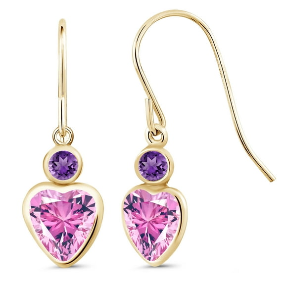 Gem Stone King 14K Yellow Gold Pink Zirconia and Purple Amethyst French Wire Dangle Hook Earrings for Women (1.68 Cttw, Gemstone Birthstone, Heart 6MM, Round 3MM)