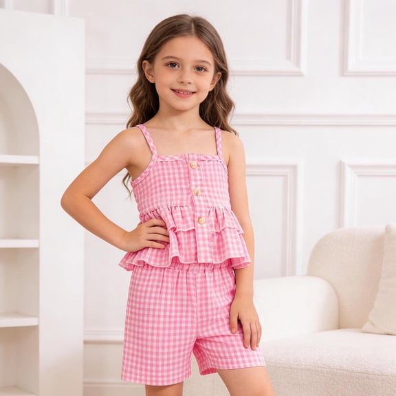 Cethrio Girls Summer Outfit Sets 2 Piece, Gifts Casual Sleeveless Tops and Shorts Set Pink Size 6