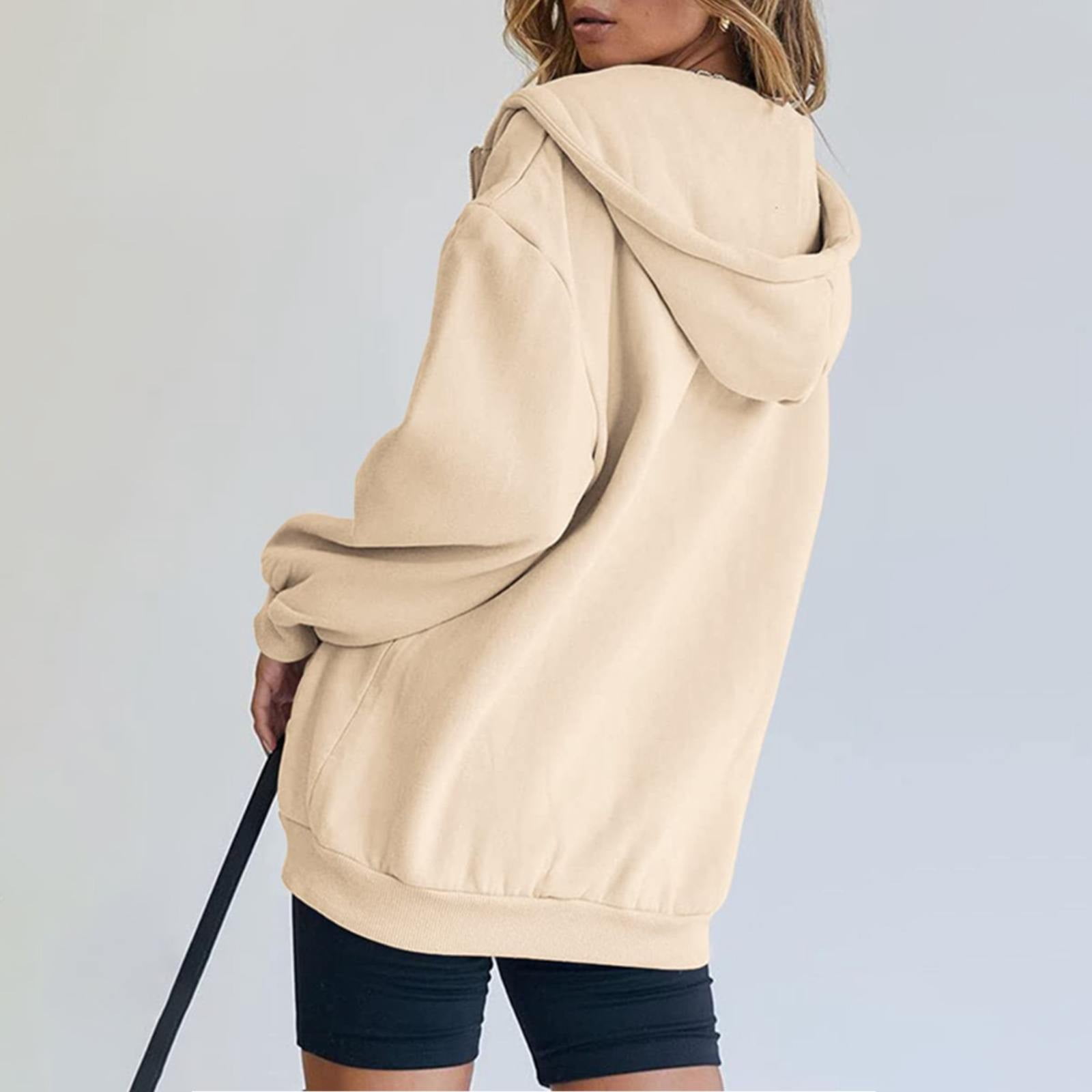 Women's Fall Jacket Oversized Pocket Sweatshirt Casual Drawstring Clothing Zipper Track Jacket Solid Color Long Sleeve Hooded Top
