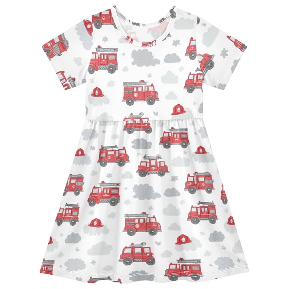 Red Fire Truck Short Sleeve Dress A-Line Cute Midi Casual Sundress 2-8 Years