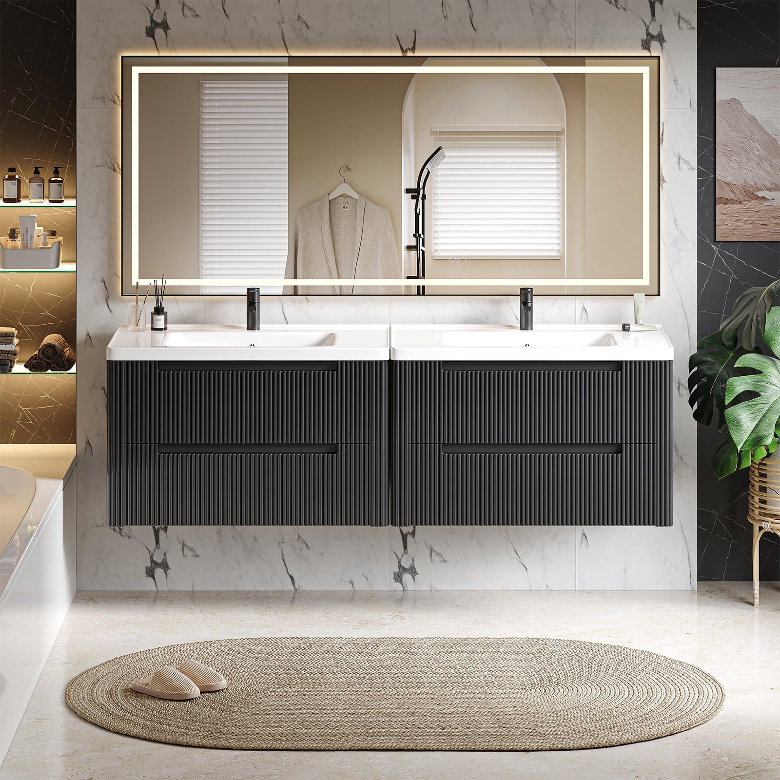 ROGALIS 36" Modern Bathroom Vanity, 2-Drawer, glossy resin Sink, Fluted Design,Black
