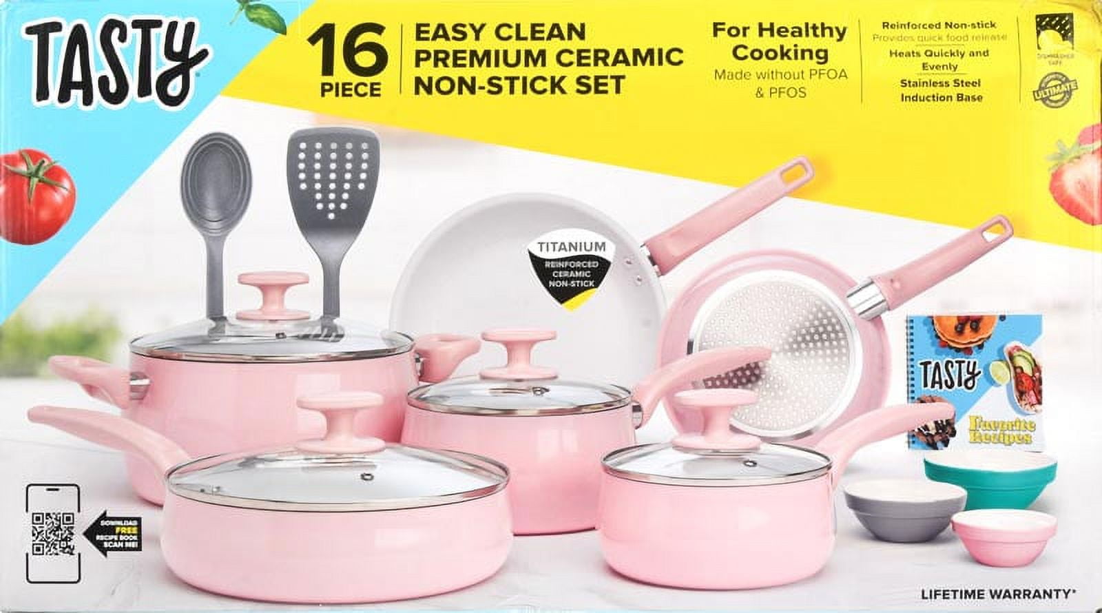 Tasty Clean Ceramic 16 Piece Non-Stick Aluminum Cookware Set, Pink 