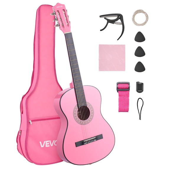 VEVOR 38in Classical Guitar, Wood Guitar Starter Kit for Beginners, with Nylon Strings, Gig Bag, Strap, Tuner, Extra Strings, Picks, Capo, Basswood, for Teenagers Adults Students, Pink