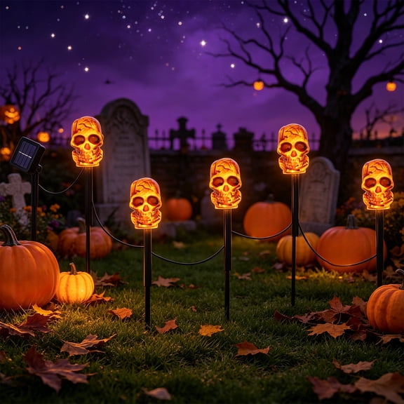 Solar Halloween Skull Stake Lights 5 Pack Connected Skull Ground Pathway Lights Waterproof LED Solar Skull Decor Lights for Yard Garden Cemetery Haunted House Halloween Decor