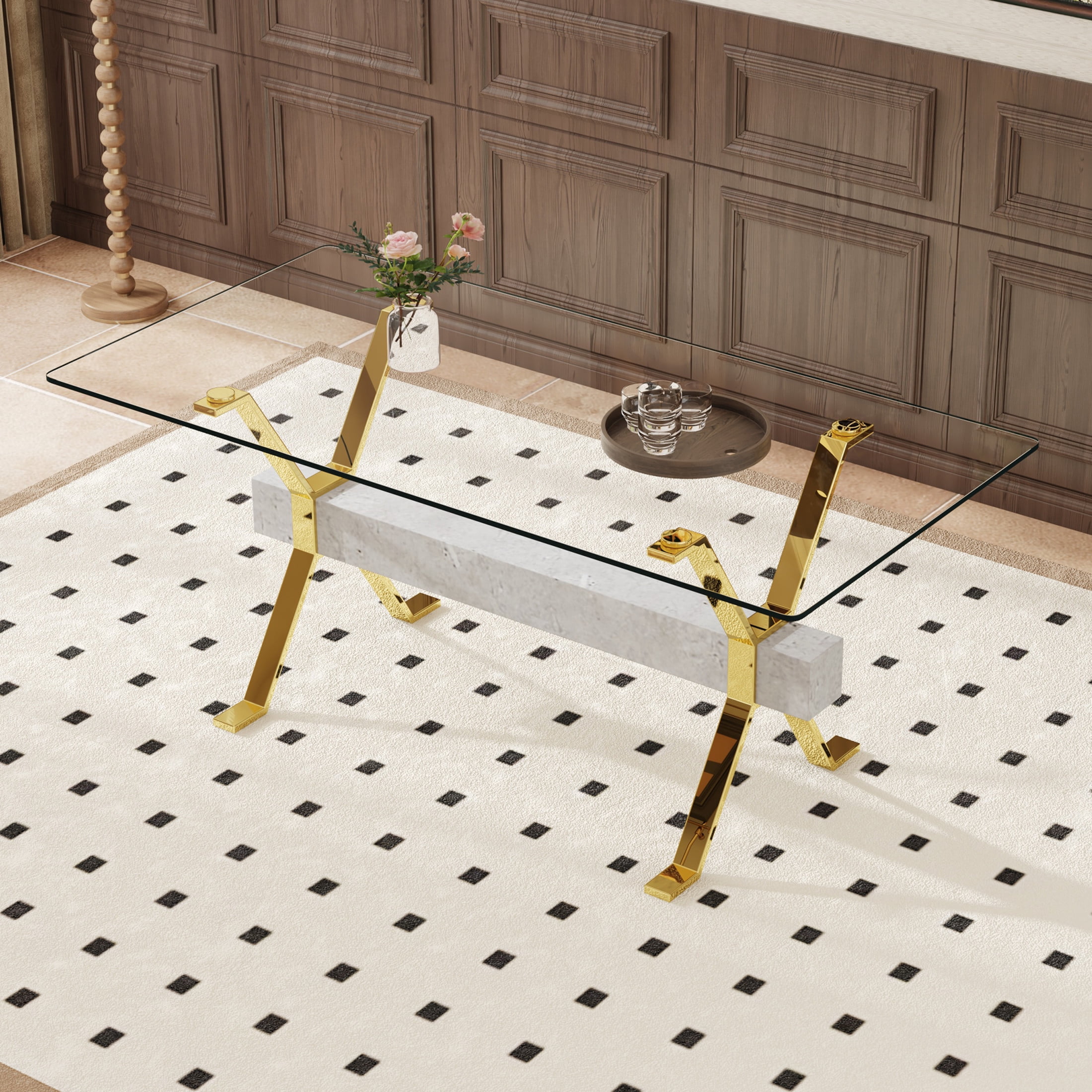 Noble House Modern Dining Table, Tempered Glass Top, X-Shaped Gold Metal Legs, Gray MDF Beam for Home Office, Clear