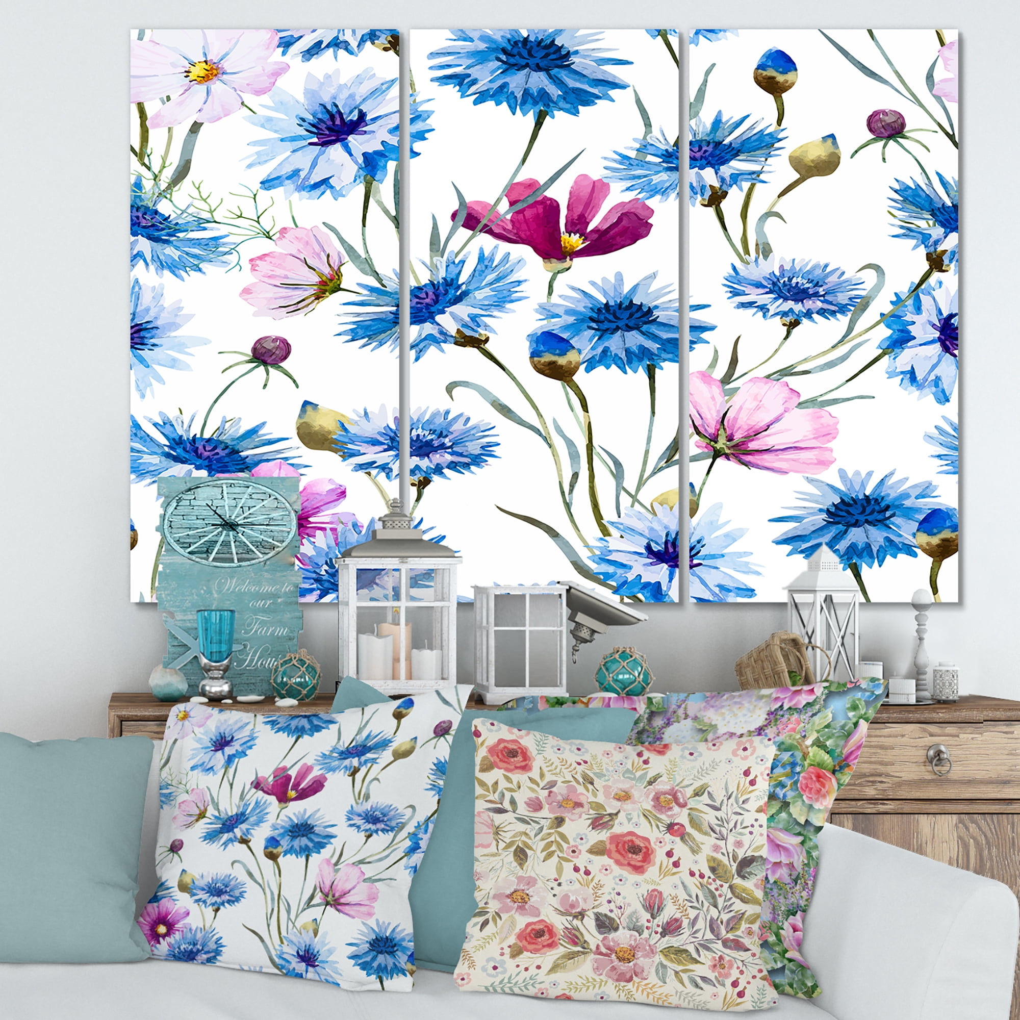 Designart ' Pink and Blue Wild Cornflowers ' Traditional Canvas Wall Art Print
