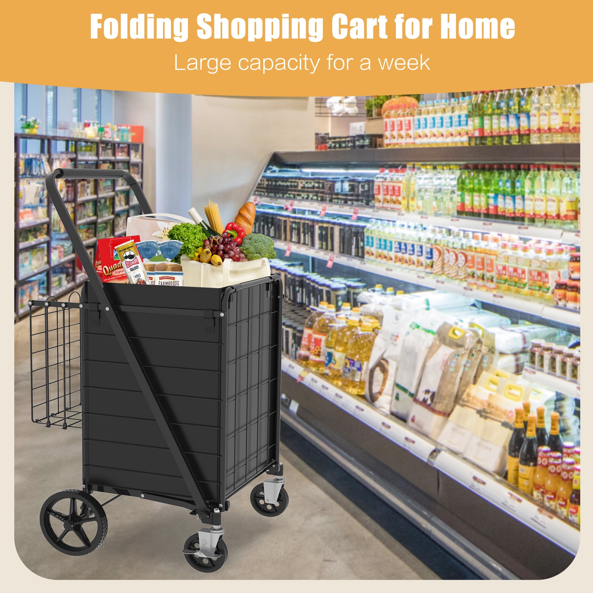Yoneston Heavy Duty Shopping Cart with Side Basket, 340 LBS Capacity Folding Grocery Cart with Brake Wheels, Utility Cart for Laundry, Groceries, Travel, Black