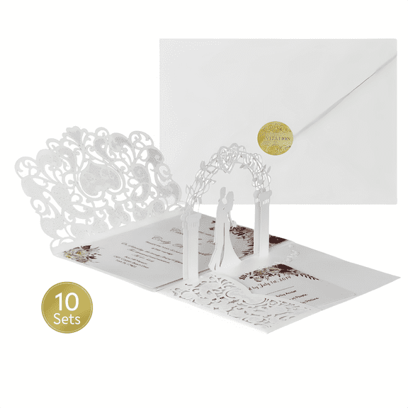 10 Sets White Wedding Invitations with Envelopes, 3D Pop Up Laser Cut Floral Cards, Elegant 5x7 Inch Wedding Party Invitations for Bride & Groom