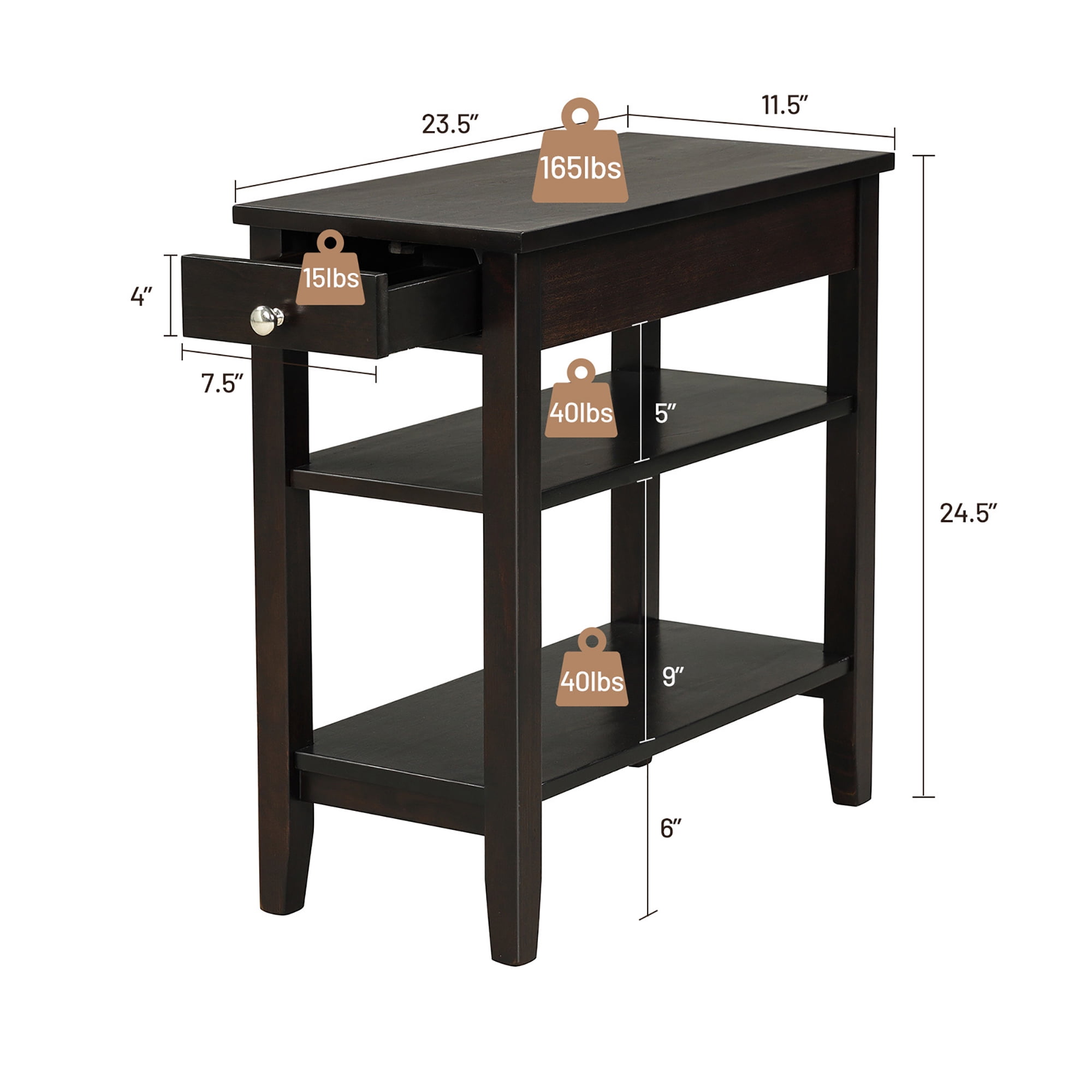 Costway 3-Tier Side End Table with Drawer Double Shelf Narrow Nightstand Espresso