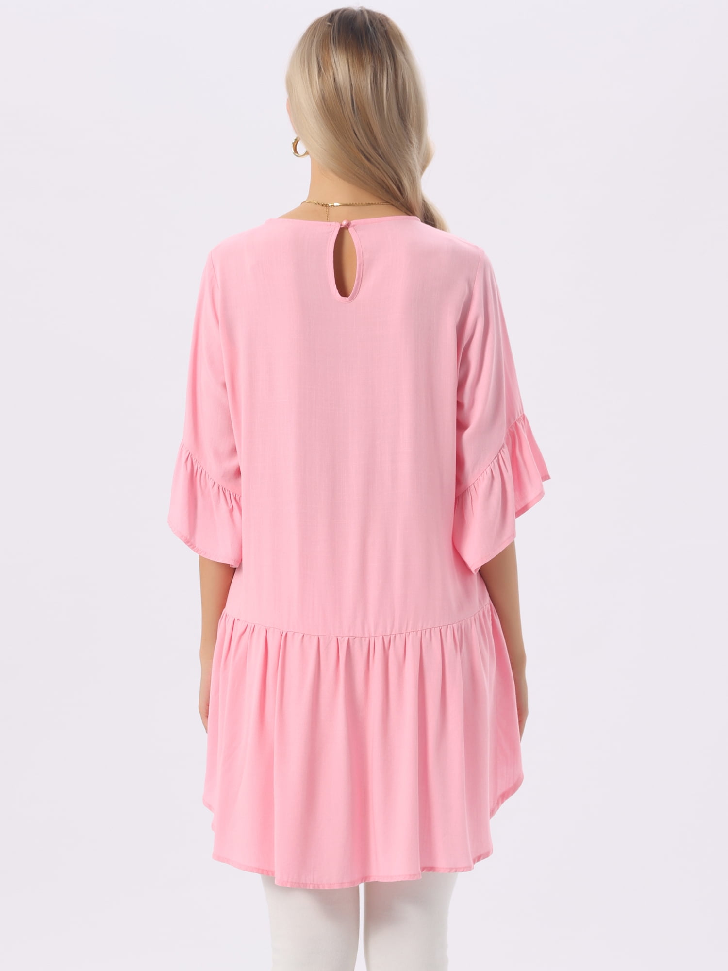 DARING DIVA Women's High Low Tops Bell Sleeve Crewneck Ruffle Blouse M Pink
