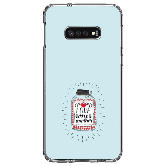 DistinctInk Clear Shockproof Hybrid Case for Samsung Galaxy S10e (5.8" Screen) - TPU Bumper, Acrylic Back, Tempered Glass Screen Protector - Love One Another - Heart / Jar