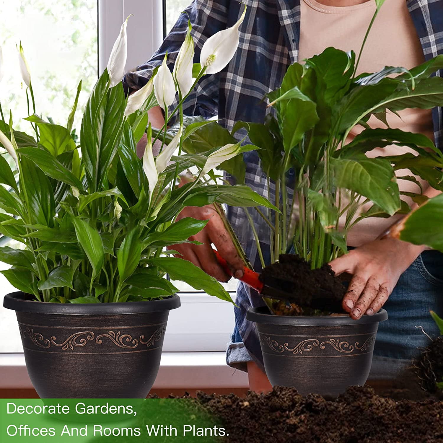 8 inch Plastic Flower Pot with Drainage Hole, Pots for Plants (6 Pack)