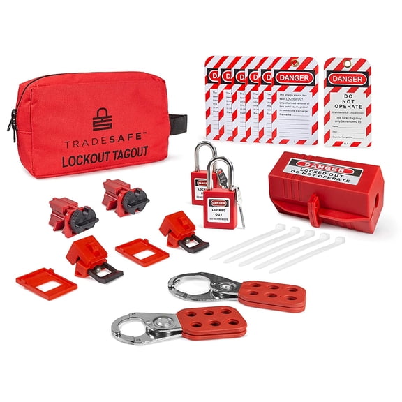 TRADESAFE Electrical Lockout Tagout Kit - Hasps, Clamp on and Universal Multipole Circuit Breaker Lockouts, LOTO Tags, Plug Lockout, Safety Padlocks Set | OSHA Compliance for Lock Out Tag Out Stations