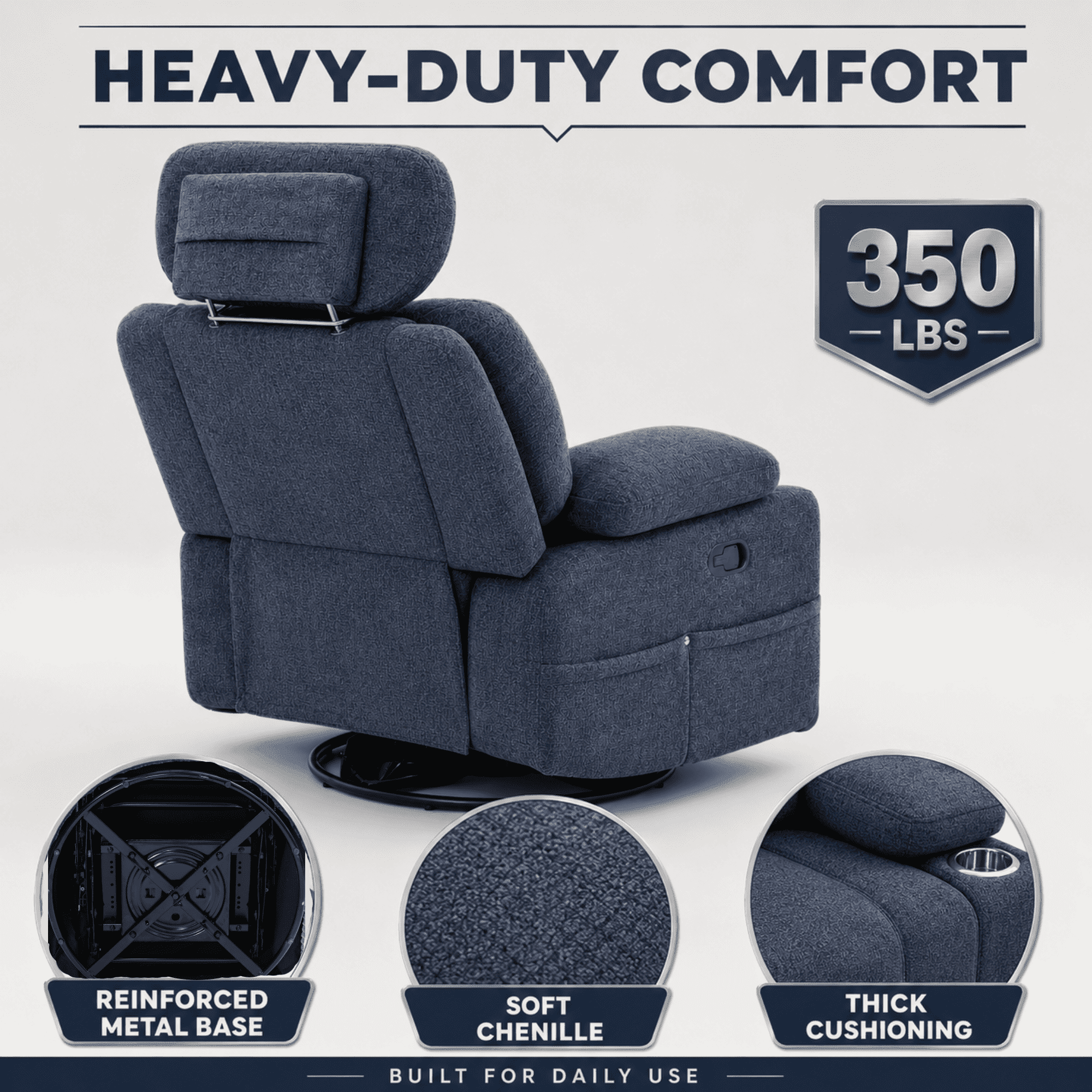 TiramisuBest Swivel Rocking Recliner Chair with Cup Holders,Big and Tall Manual Chenille Lounge Chair for Living Room,Blue