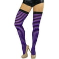 thumbnail image 5 of ToBeInStyle Womens Opaque Hoseiry Thin Striped Thigh High Stocking - Black w/ Purple Stripes - One Size, 5 of 6