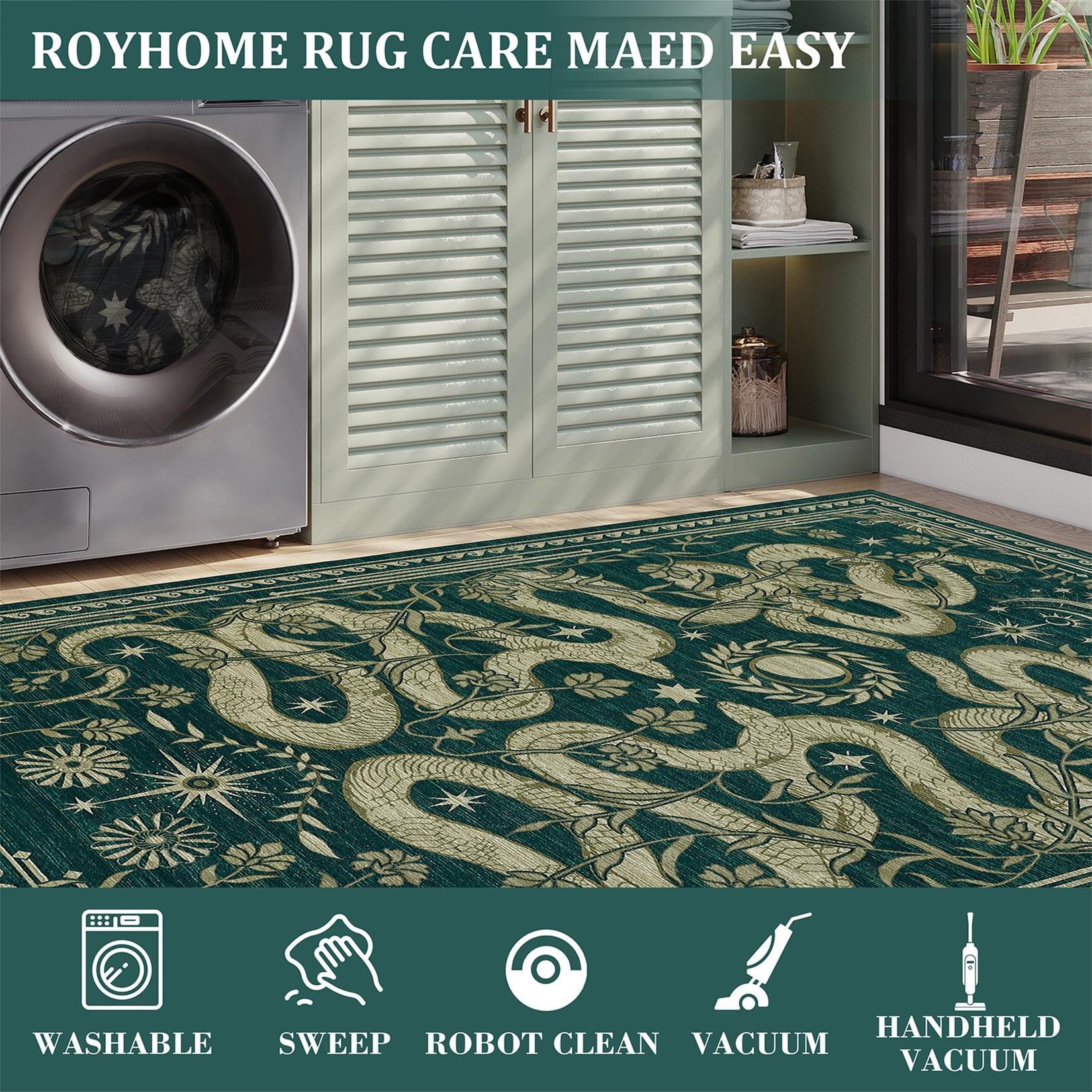 Garvee 8'x10' Modern Snake Printed Area Rug Washable Living Room Rug, Forest Low Pile Stain Resistant Rug Non Slip Carpet for Bedroom Dining Room, Blue