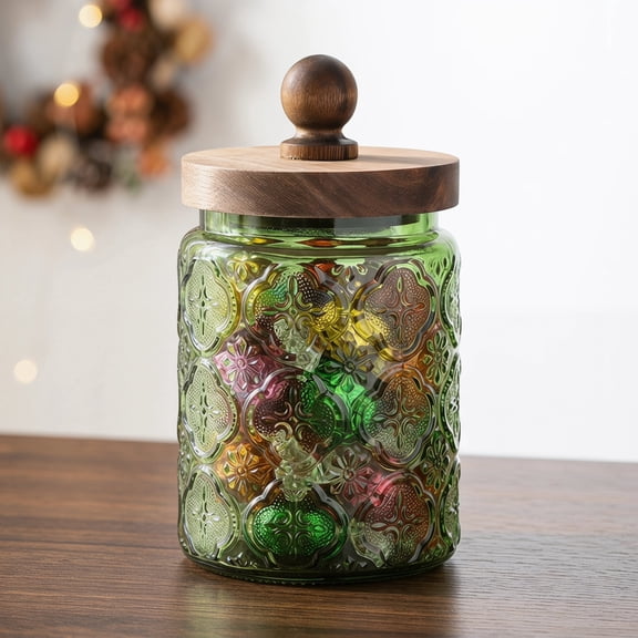 ZHANGLU Vintage Glass Jar with Airtight Wooden Lid – Colored Glass Canister for Farmhouse Kitchen Decor, Cookie Jar Candy Jar Tea Sugar Storage, 3.43 in × 3.43 in × 6.89 in, Green