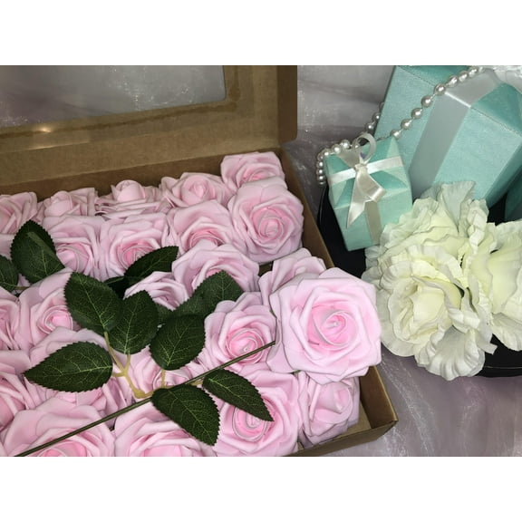 Artificial Flowers Pink Roses 25pcs Real Looking Fake W/Stem Rose Head Wedding