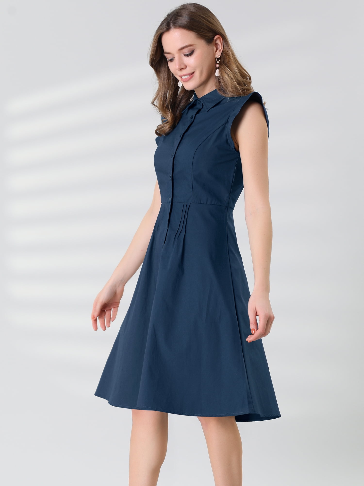 DARING DIVA Ruffled Sleeve Button Down Belted Knee Length Shirt Dress S Navy Blue