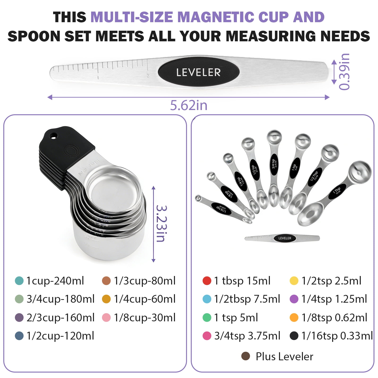 Lumikrypt 16 Piece Magnetic Measuring Cups and Spoons Set, Stainless Steel Nesting Metal Measuring Cups Set with Leveler for Dry and Liquid Ingredients, Kitchen Gadgets for Cooking & Baking (Black)