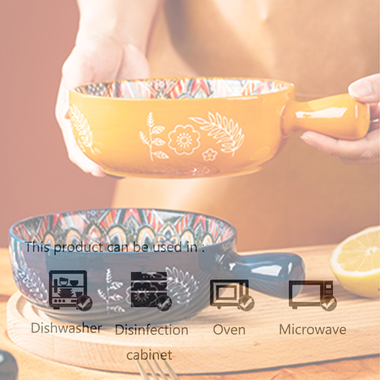 Qeeadeea Ceramic Soup Bowl With Handle 600ml, Single Shallow Bowl, Small Ramen Bowl, Microwave And Oven Safe-Orange-20x15x5.5cm - image 4 of 7