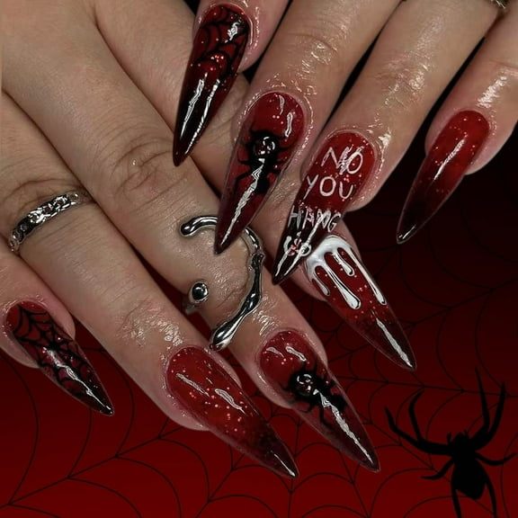 Yoyauz 24PCS Long Pointed Nail, Fake Nail, Red And Black Spider Web Halloween Element Design Charm Acrylic Nail, Suitable For Girls And Ladies Halloween