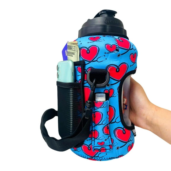 Lit Handlers 1/2 Gallon Jug - Love A Nurse Design - Neoprene Insulating Sleeve w/ Detachable Shoulder Strap, 3 pockets, including one mesh pocket for cards/cash & one for chapstick