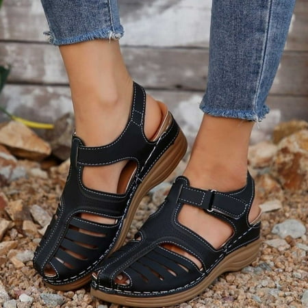 

Wavsuf Wedge Sandals for Women Solid Anti-slip Vintage Casual Summer Closed Toe Black Sandals Shoes Size 7