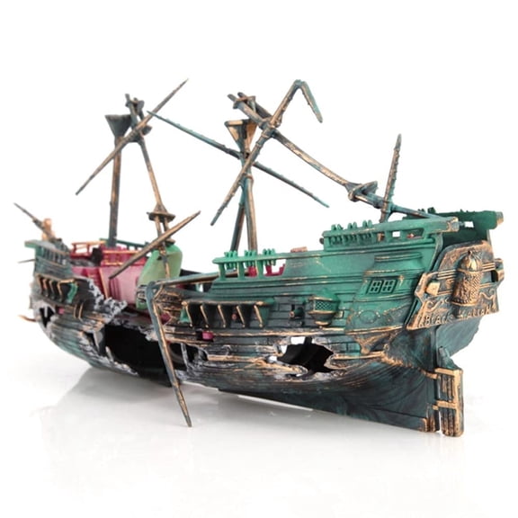 TEAMD Fishing Boat Aquarium Ornament Plastic Decoration Sunken Pirate Ship Theme