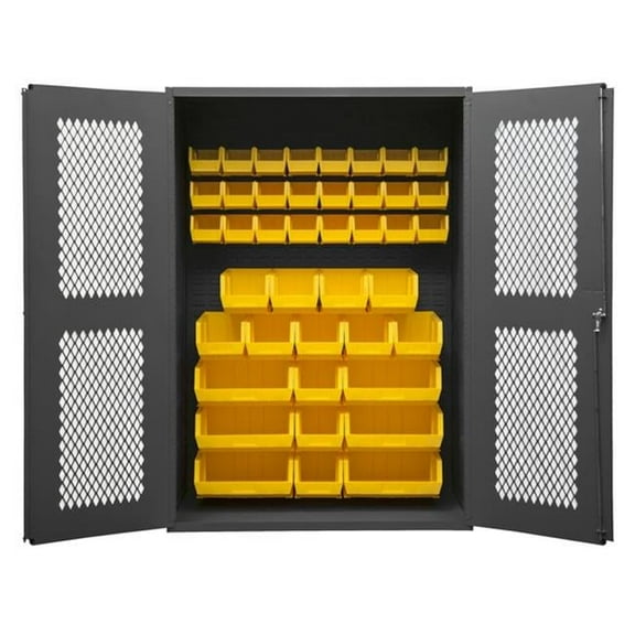 Durham EMDC-482472-42B-95 14 Gauge Flush Door Style Lockable Clearview Cabinet with 42 Yellow Hook on Bins, Gray - 48 in.