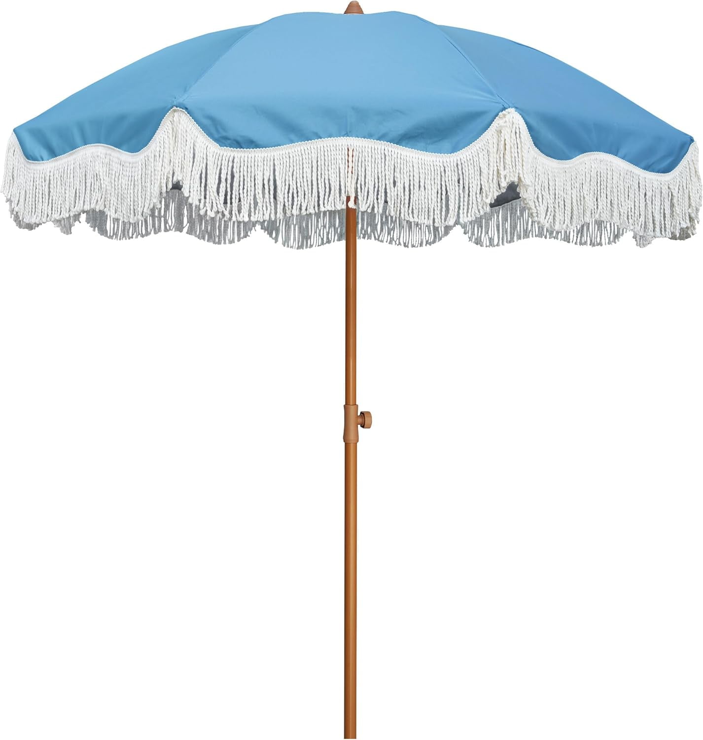 Boho Fringe Umbrella Outdoor Patio, 6.5ft UPF50+ Picnic Umbrella with Tassels with Steel Pole and Push Button Tilt, Pink Stripes