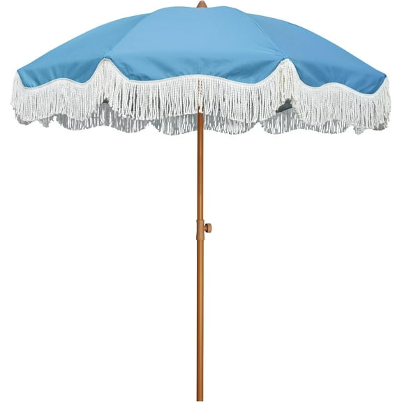 Boho Fringe Umbrella Outdoor Patio, 6.5ft UPF50  Picnic Umbrella with Tassels with Steel Pole and Push Button Tilt, Blue