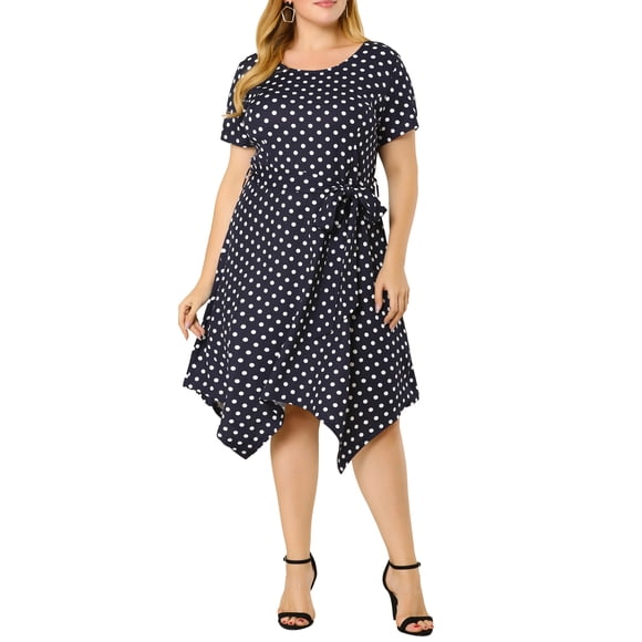 Robe midi à manches courtes à pois pour femmes grandes tailles Agnes Orinda, taille 4X, bleu marine, avec taille à nouer et ourlet asymétrique