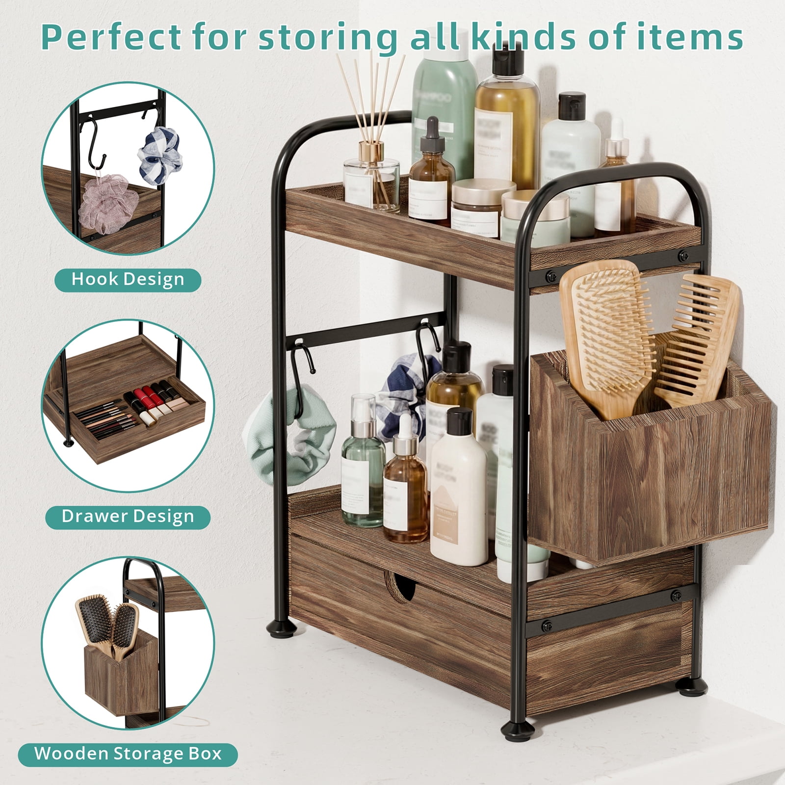 2 Tier Bathroom Counter Organizer with Drawer, Wooden Vanity Skincare Storage Shelf with Thickened Iron Frame, Countertop Shelves with Basket and Hooks for Bathroom Makeup Organization (Dark Brown)
