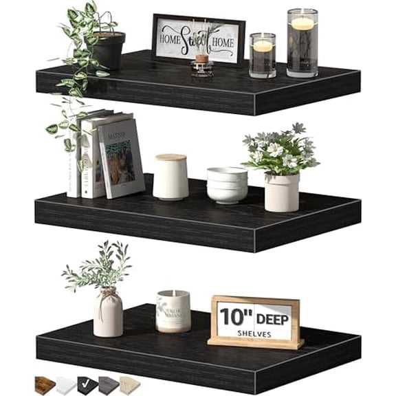 10" Deep Floating Shelves for Wall - 10 x 16 inch Book Shelf Bathroom Bedroom Kitchen Living Room Hanging Bookshelf Farmhouse Set of 3, Black (025-40B3)