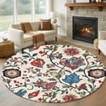 thumbnail image 2 of Boho Floral Large Area Rugs for Bedroom Living Room, Soft Non Slip Carpet Bedside Rug, Blue Red Flower Vintage Petals Branch Leaf Round Floor Cover Kitchen Accent Rug 5' for Dining Room/Office, 2 of 9
