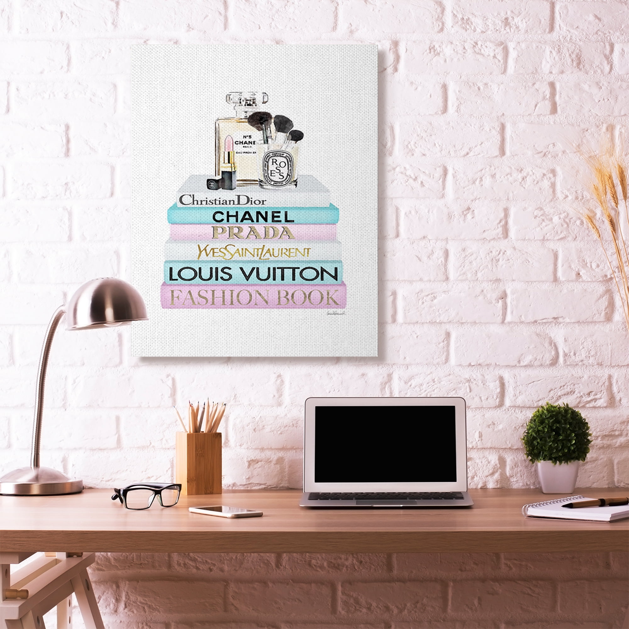 Stupell Industries Fashion Designer Makeup Bookstack Blue Pink Watercolor Canvas Wall Art by Amanda Greenwood