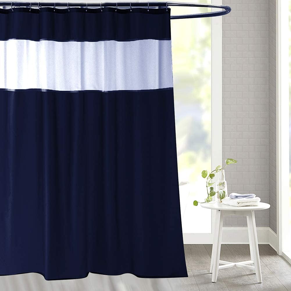 Navy Shower Curtain with Window See Through Top 72x72inch Free Metal Hooks 12Pack Simple Modern