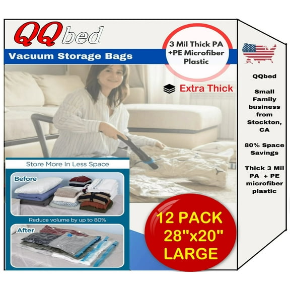 QQbed Vacuum Storage Bags, 12 Pack – Large Bags for Clothes and Bedding