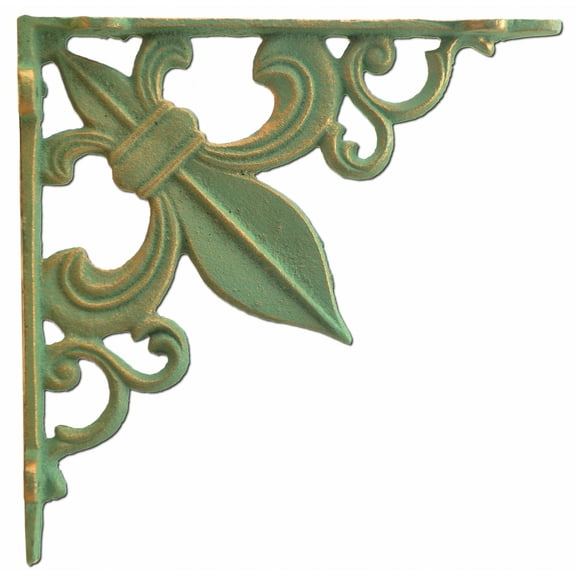 Floating Shelf Wall Bracket Cast Iron Brace Fleur De Lis Bronze Patina Green 7.375" Deep by Flag Emotes