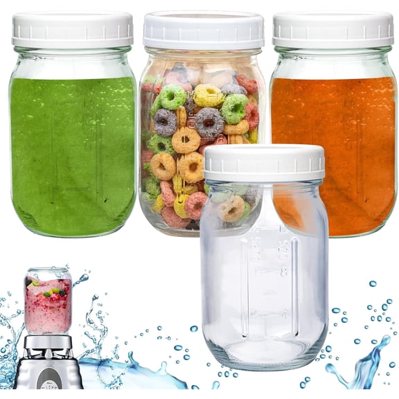 12 oz Glass Jars with Lid, Fits Most Oster Blenders for Blending Smothies and Storing Pickles, Honey, Spice, Candy, Jam, Overnight oats, Meal Prep Containers (4)