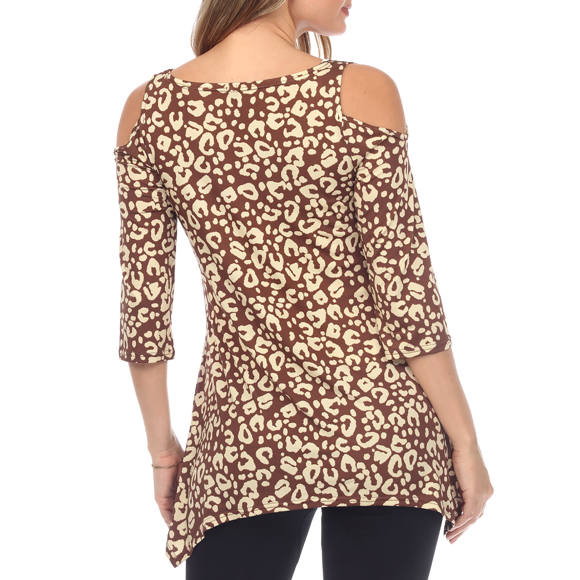 White Mark Fashion Casual Leopard Print Cold Shoulder Top, Women's