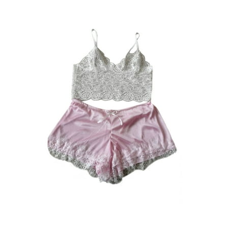 

Women Casual Pajamas Set Solid Color Top+Short Pants with Lace Decoration