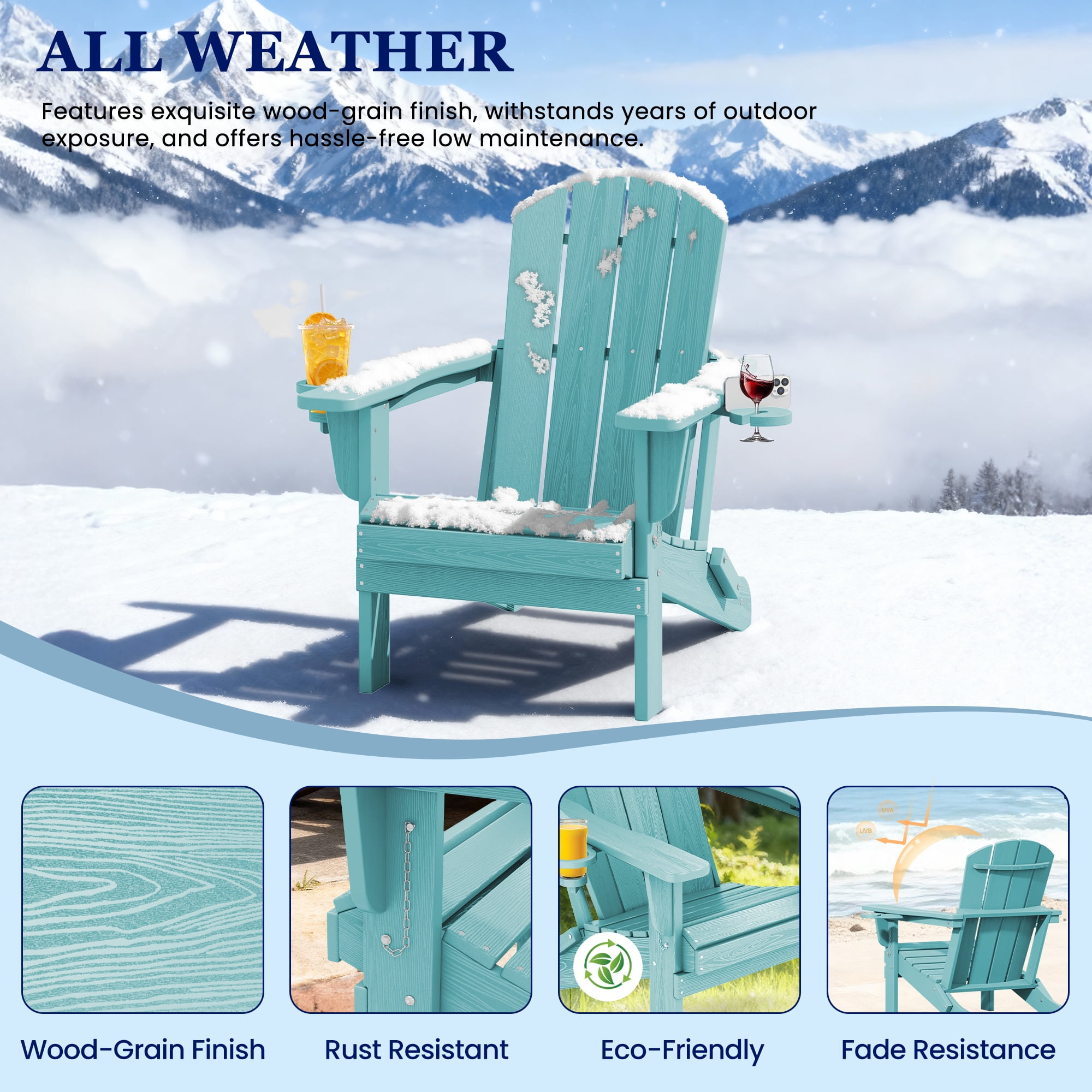 SERWALL Folding Adirondack Chair Set with Dual Cup Holders & Phone Holder, All-Weather HDPE Fire Pit Chairs for Outdoor, Patio, Poolside, Garden - Aruba