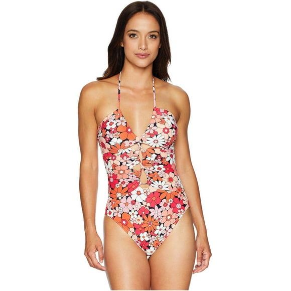 MICHAEL Michael Kors Women's Cherry Summer Flower Shirred Keyhole Halter One-Piece w/Removable Soft Cups Deep Pink 12