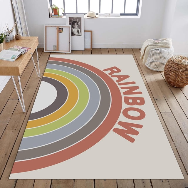 Nordic Boho Rainbow Lines Area Rug, Creative Colorful Cartoon Design Kids Rugs, Absorbent Pet Friendly Durable Bedside Decor Mat for Baby Bedroom Girls Boys Living Room Bedroom, 4x5ft