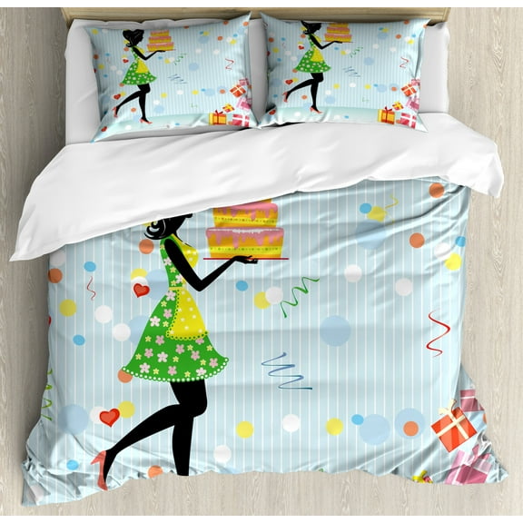 Birthday Duvet Cover Set Queen Size, Young Mother Carrying a Delicious Cake Presents Dots and Flags in Cartoon Style, Decorative 3 Piece Bedding Set with 2 Pillow Shams, Multicolor, by Ambesonne