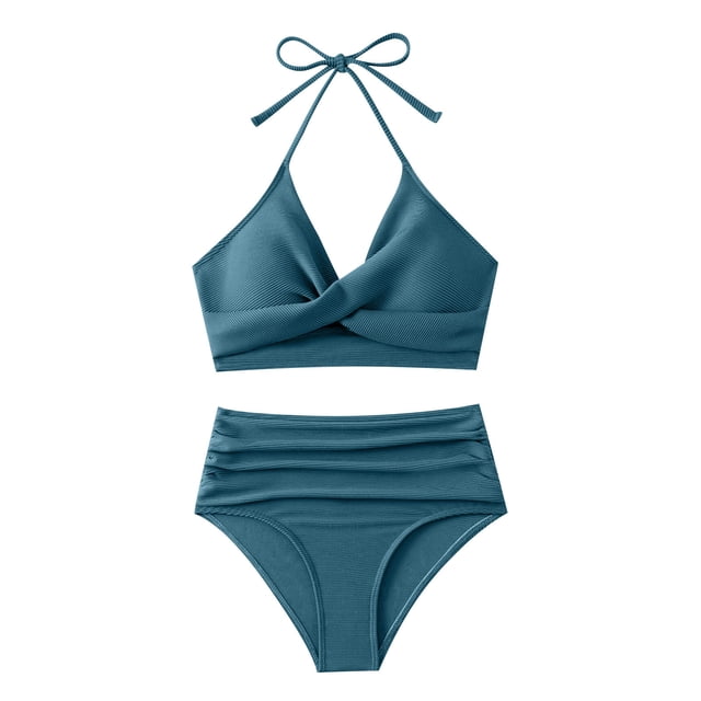 Women's Plus Size Swimsuits, Womens High Waisted Bikini Sets Deep V Neck Ruched Swimsuits 2025 Two Piece Bathing Suits Solid Color Halter Swim Suits S-XL Womens Swimsuits
